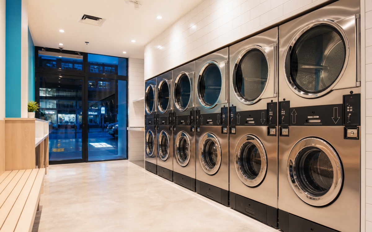 AI-generated view of a bright modern laundromat interior with rows of stacked commercial washers and dryers