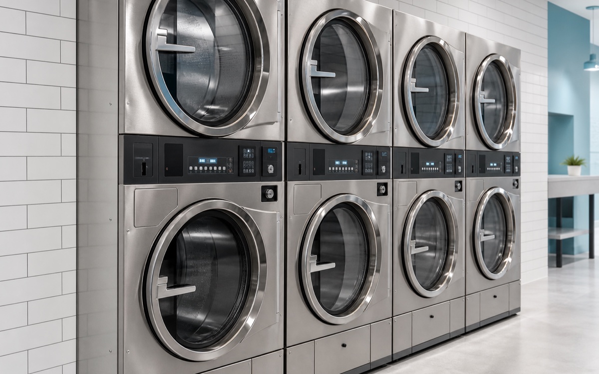 AI-generated close view of stainless-steel stacked commercial washers and dryers